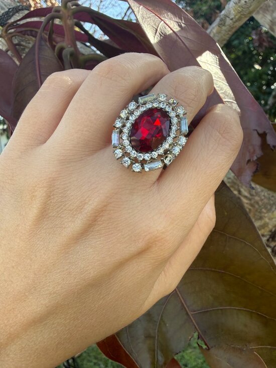 Vintage Red Ruby Glass Gothic Silver Tone Statement Ring  Vintage Ruby Red Glass Statement Ring Gothic Cocktail Glam Size 6.5